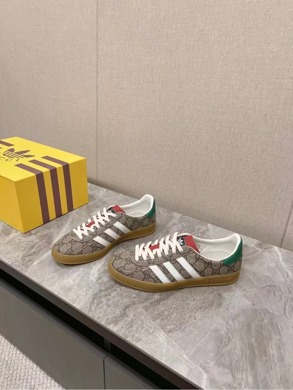 Gucci x Adidas-Inspired Logo Monogram Sneakers in Brown/White/Green